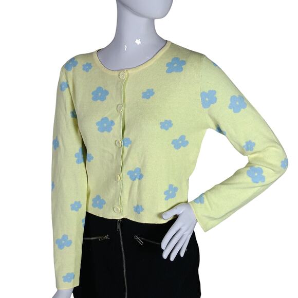 Le Lis Ester Perfect Sweater Top Size Small Button Down Yellow and Blue Floral - Picture 3 of 9